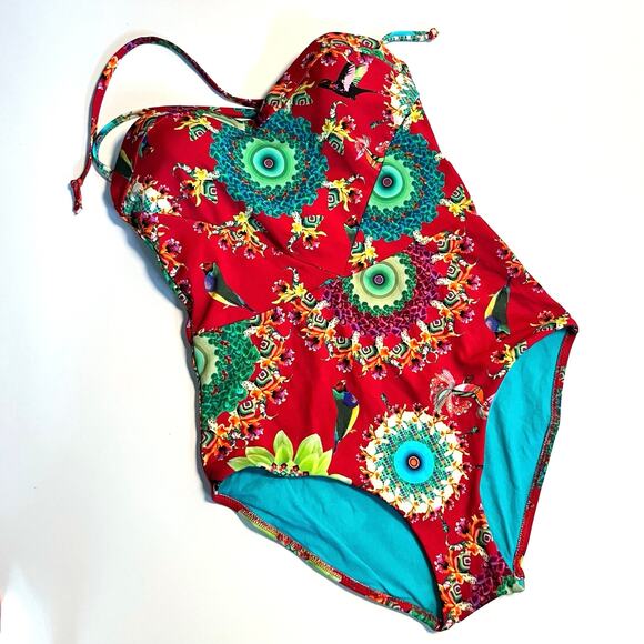 Desigual One Piece Swimsuit Size M Tropical Removable Straps Flowers Birds - Picture 6 of 12
